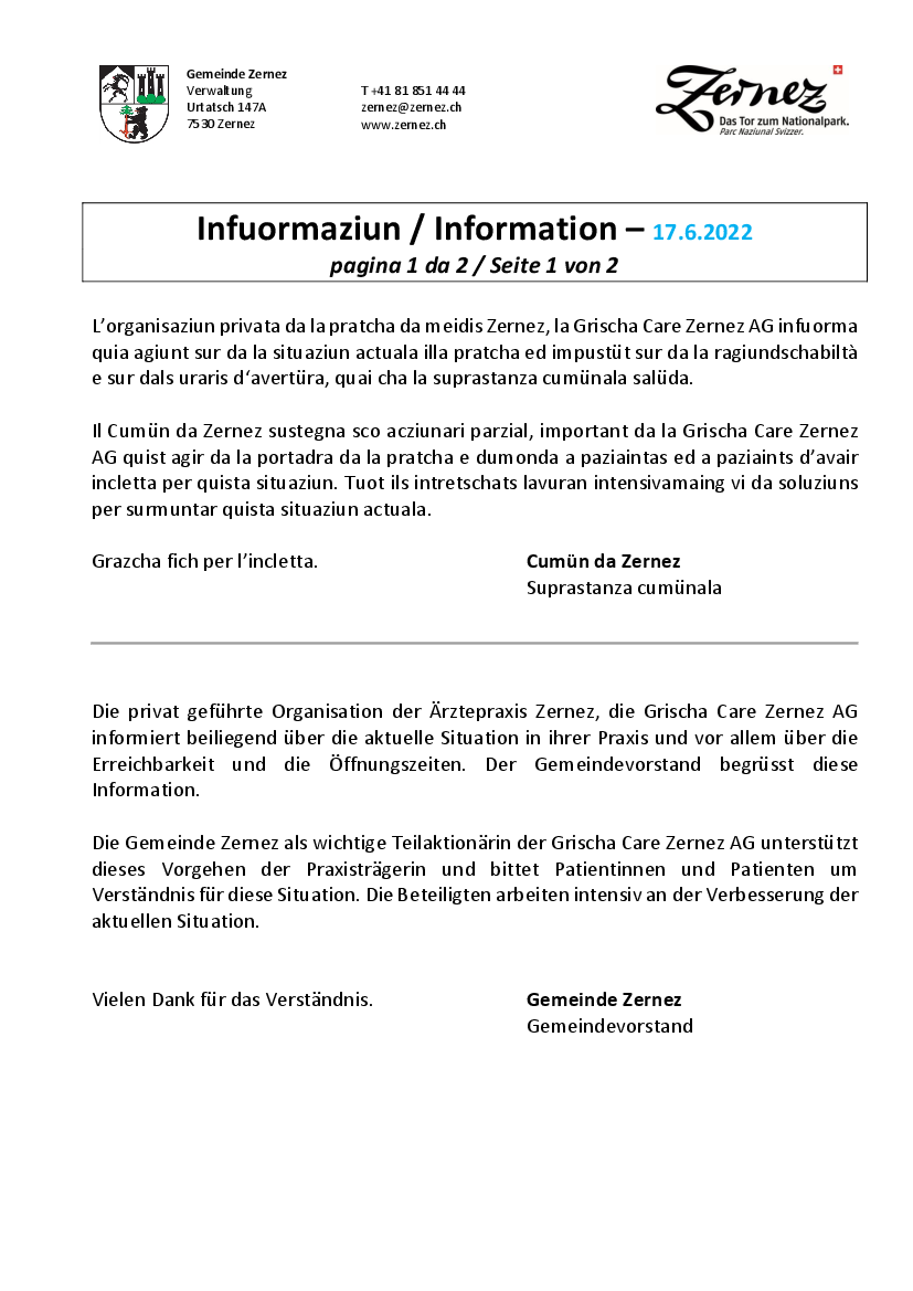 Infuormaziun pratcha da meidis Zernez - UPDATE 17-6-2022