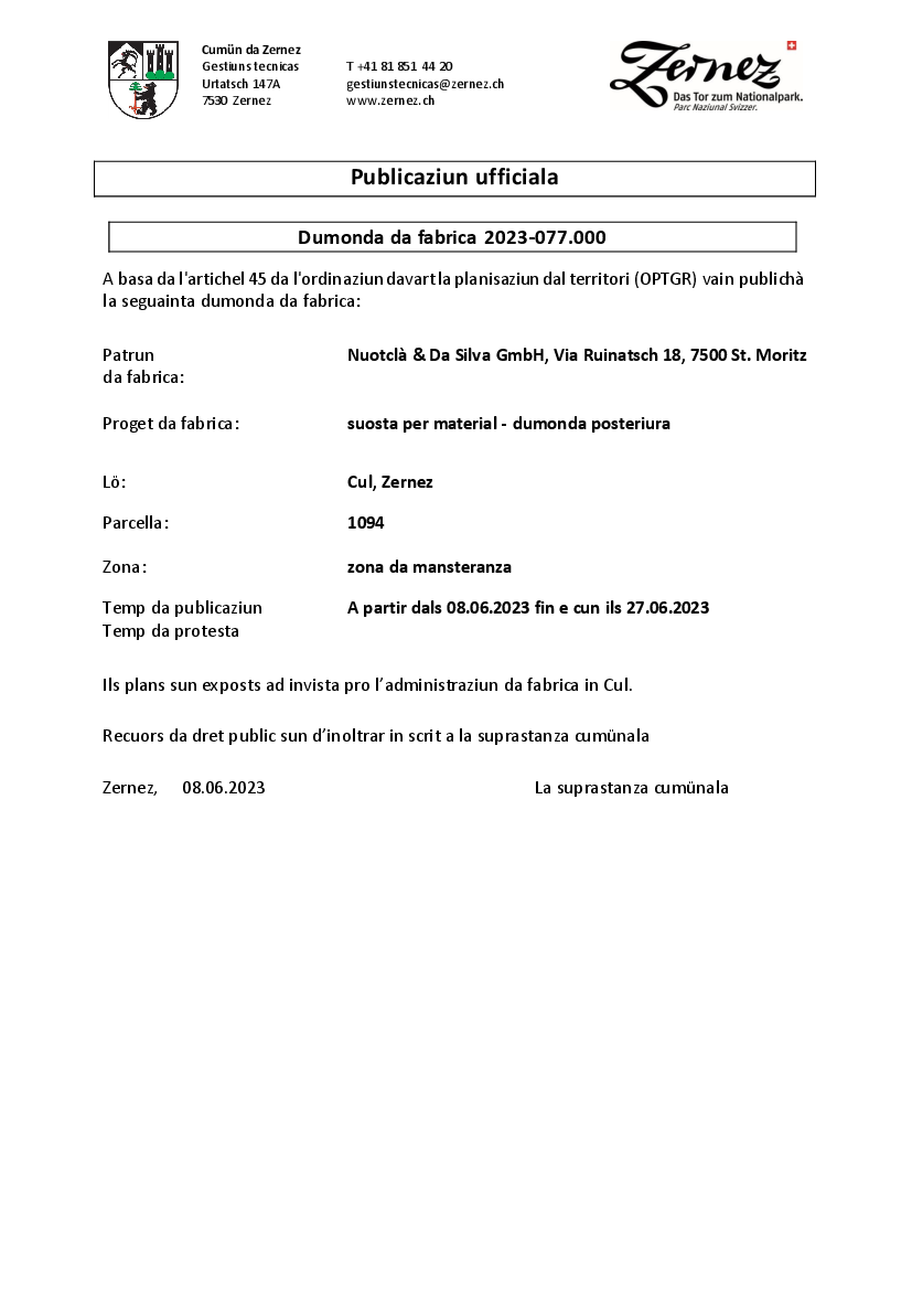 Nuotclà & Da Silva GmbH - suosta per material - parcella 1094 | Zernez