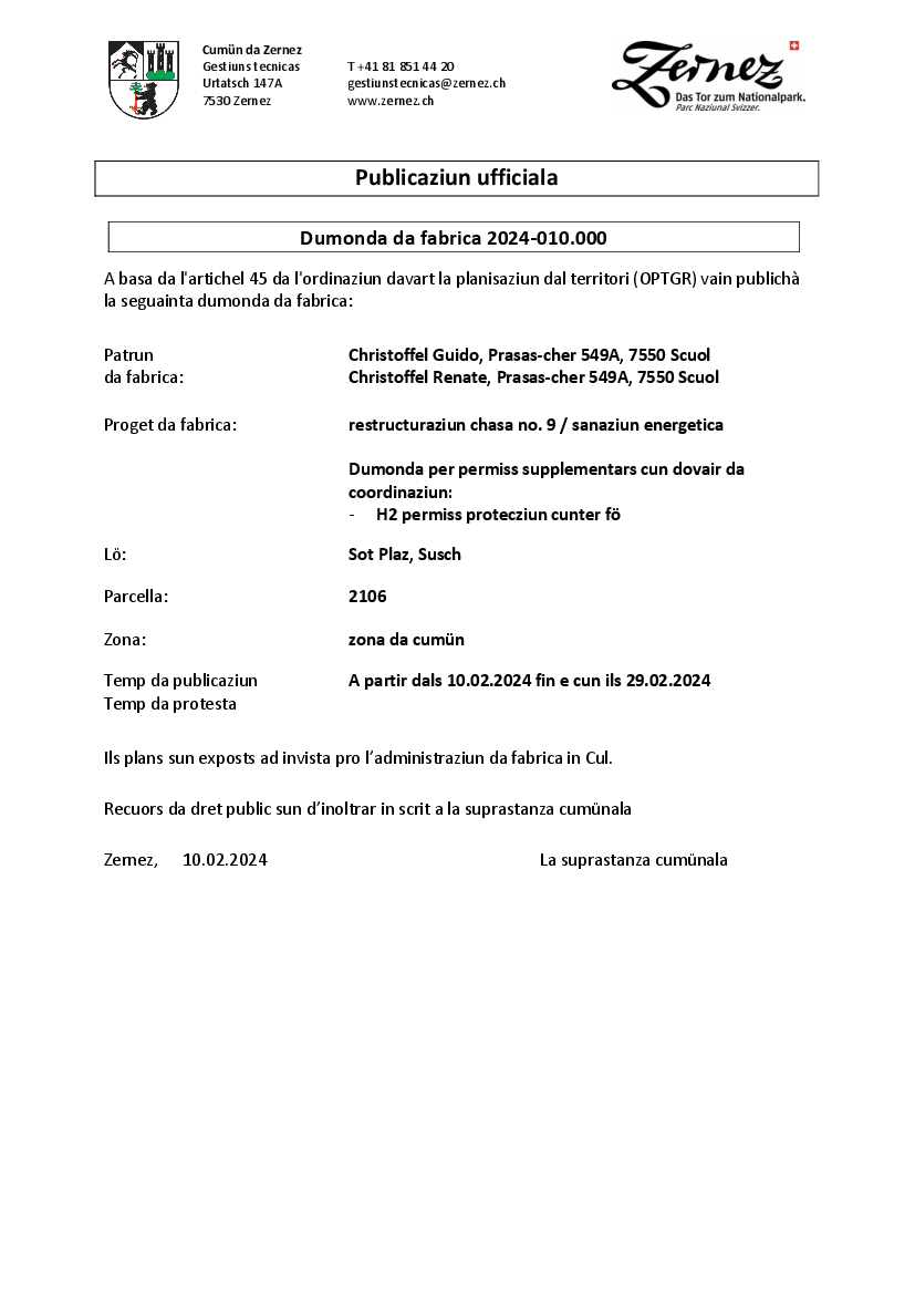 Christoffel Guido e Renate - restructuraziun chasa no. 9/sanaziun energetica - parcella 2106 - Susch