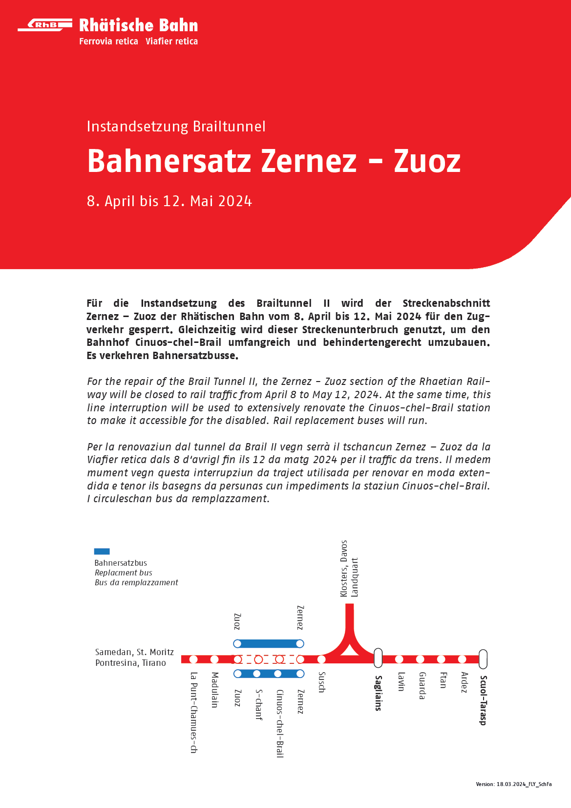 Instandsetzung Brailtunnel Bahnersatz Zernez - Zuoz 8. April bis 12. Mai 2024
