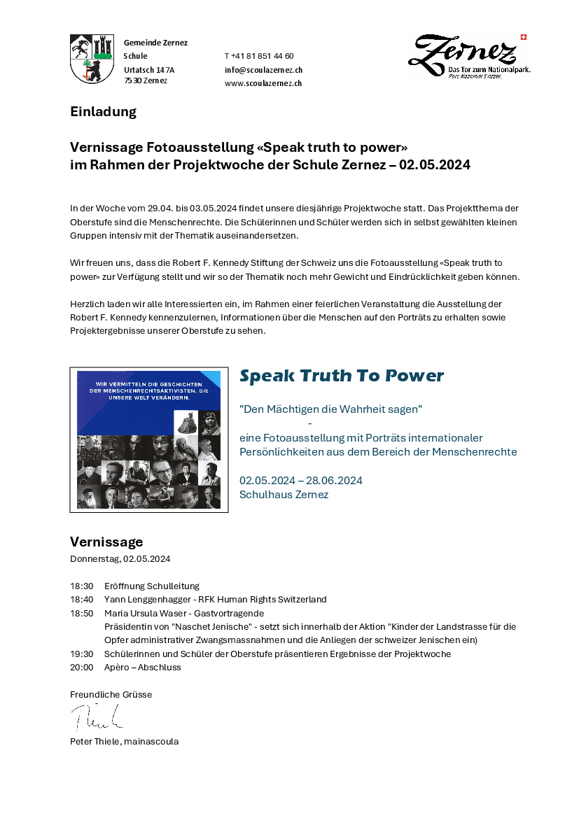 INVID Vernissage Fotoausstellung «Speak truth to power» im Rahmen der Projektwoche der Schule Zernez – 02.05.2024