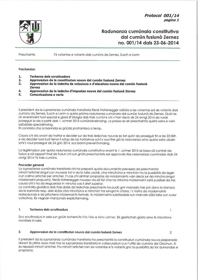 Protocol radunanza cumünala 01-2014 dals 23-06-2014