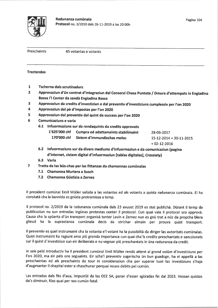 Protocol radunanza cumünala 03-2019 dals 26-11-2019