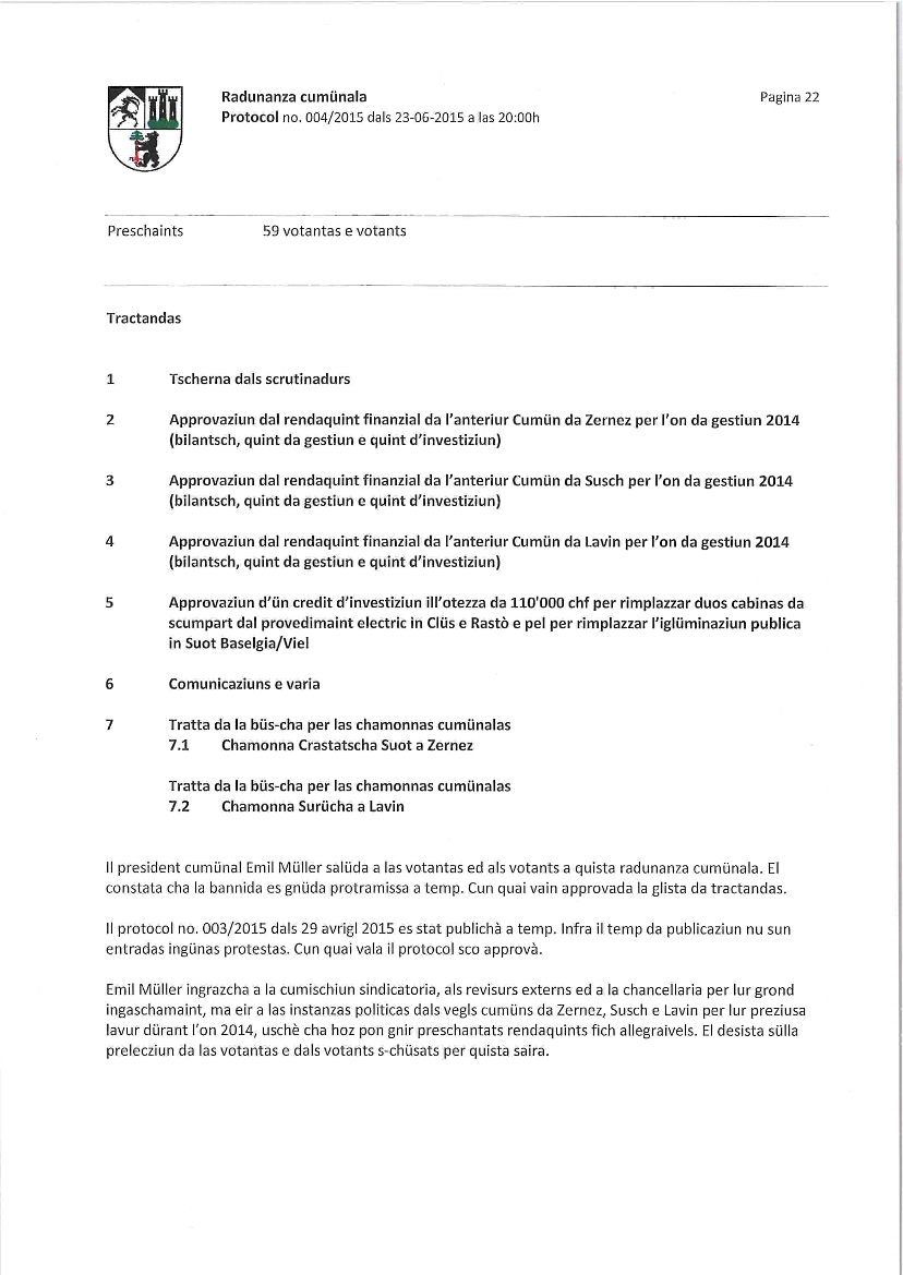 Protocol radunanza cumünala 04-2015 dals 23-06-2015