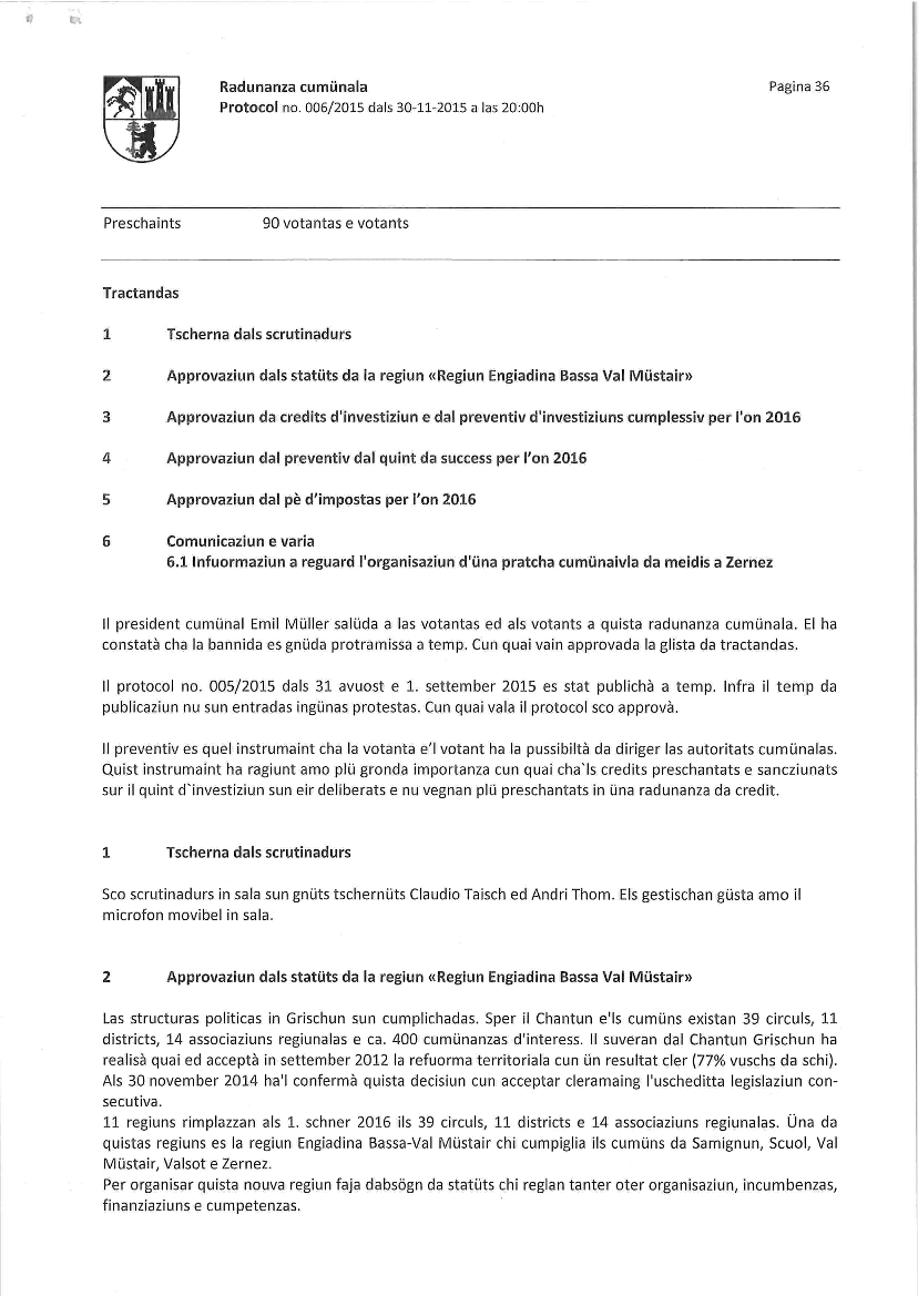 Protocol radunanza cumünala 06-2015 dals 30-11-2015