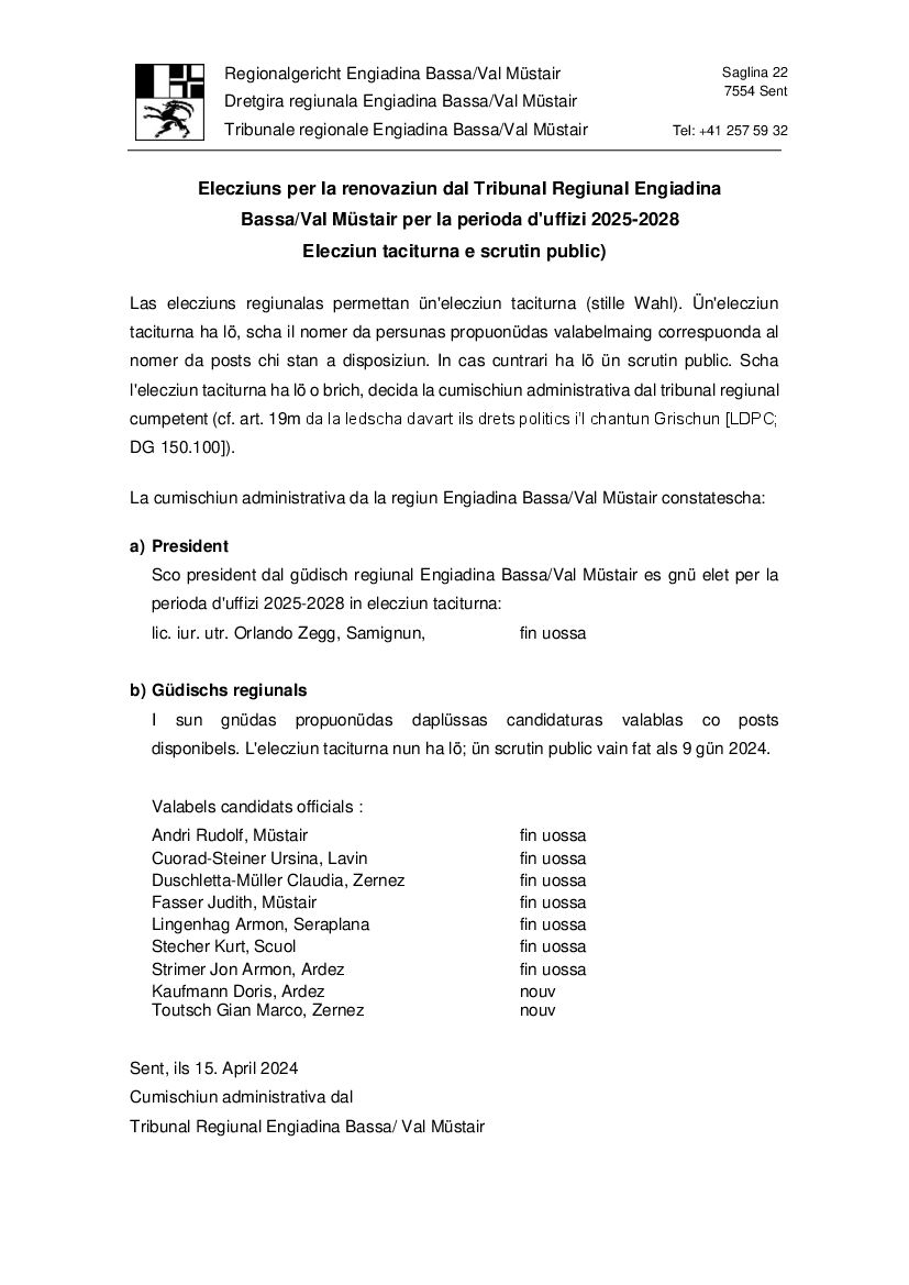 Elecziuns per la renovaziun dal Tribunal Regiunal Engiadina Bassa/Val Müstair per la perioda d’uffizi 2025-2028
