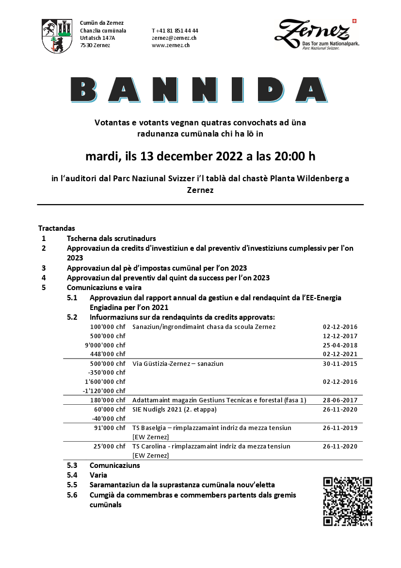 Bannida - radunanza cumünala dals 13-12-2022